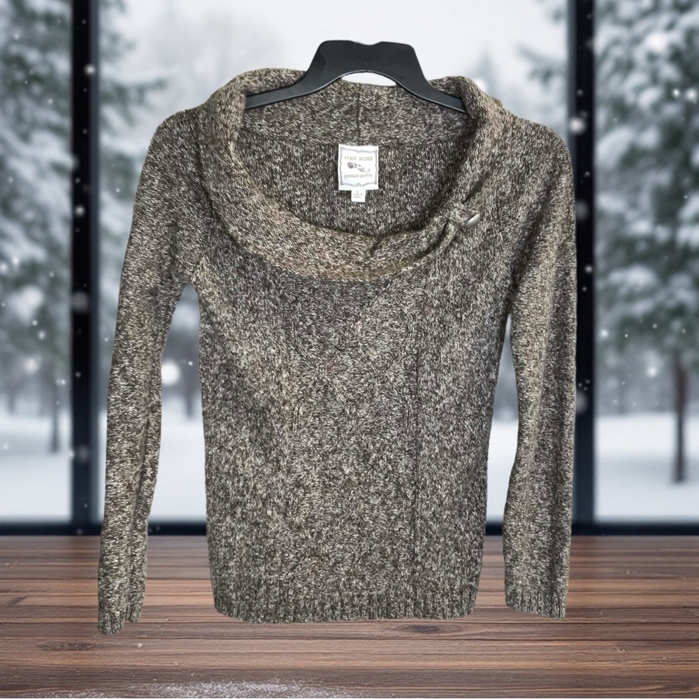 Pink Rose Brown & White Marbled Sweater w Gathered Button Neckline Women Lg